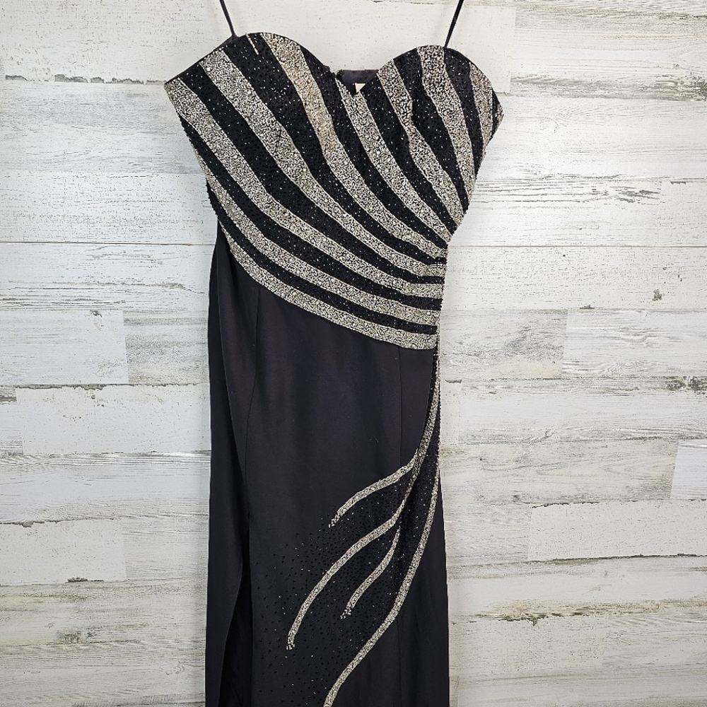 VTG Cassandra Stone Elegant Black Silver Beaded Evening Dress Side Slit Sz 12 - Picture 5 of 14